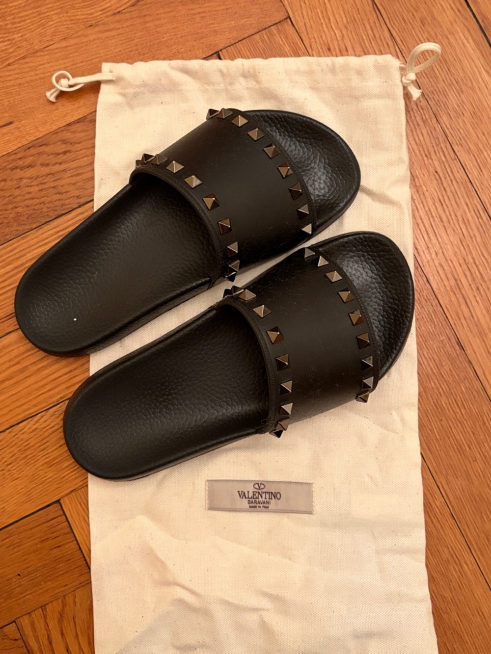 Valentino Black Slide Sandals with Rockstud Accents